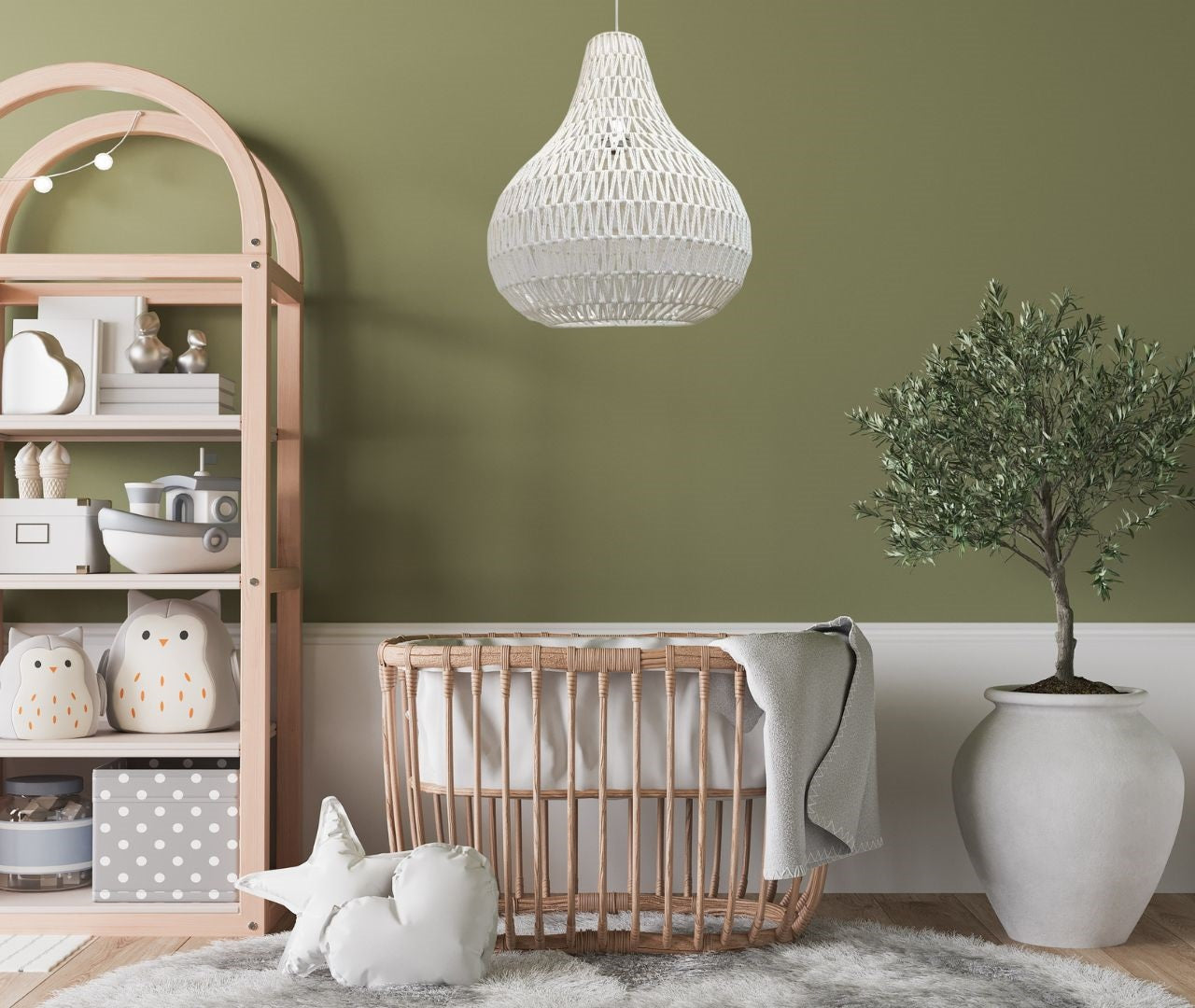 nursery room with white light fixture, white ceiling light in kids room