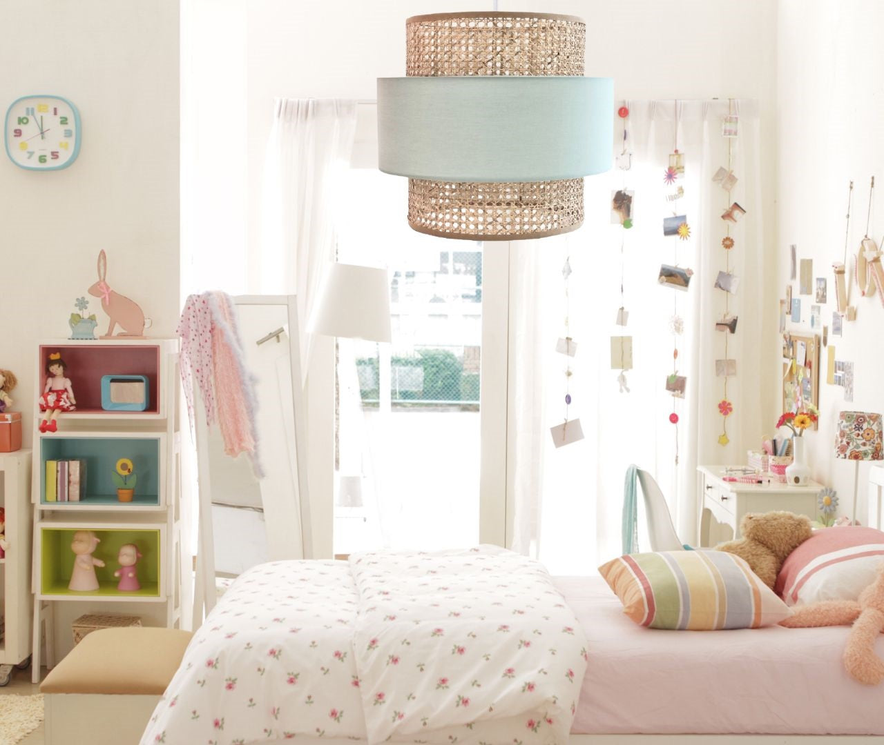 rattan pendant light seafoam green in kids room, kids room, girls bedroom with rattan light