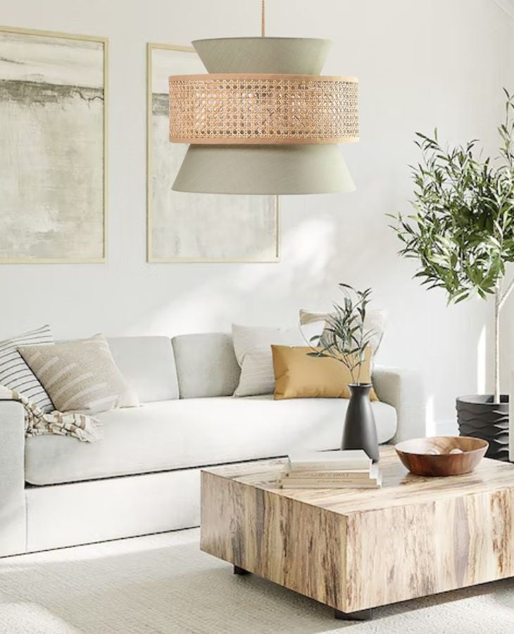 rattan light in living room, modern living room with rattan chandelier