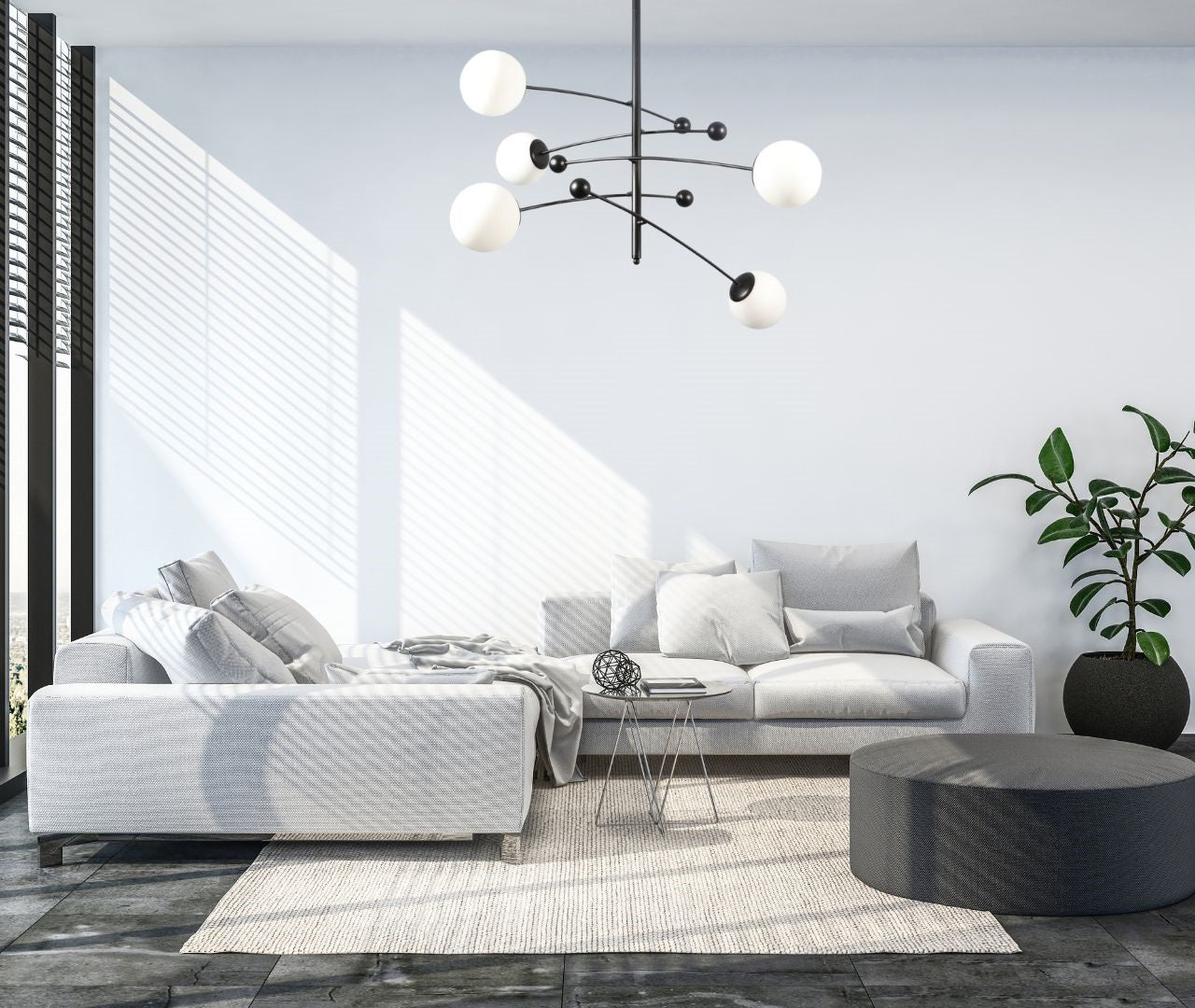 modern living room with molecule chandelier