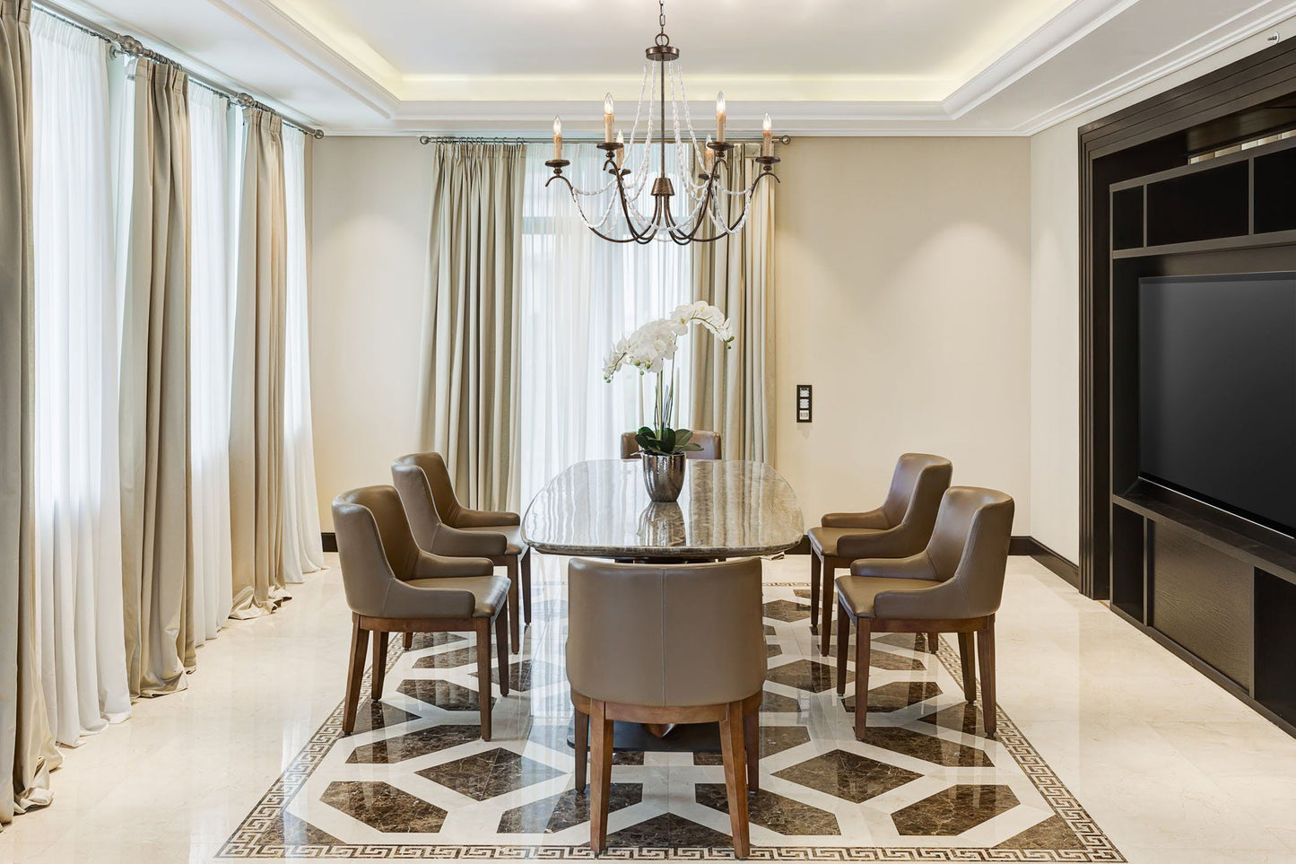 Luxury dining room with classic chandelier