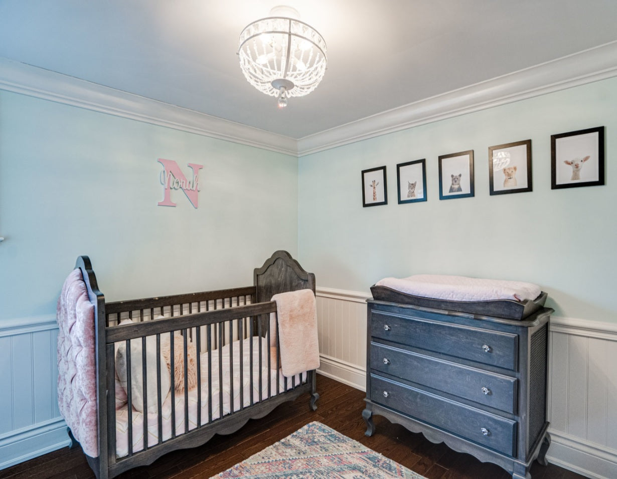 crystal semi flush chandelier in baby girls nursery room, kids nursery room