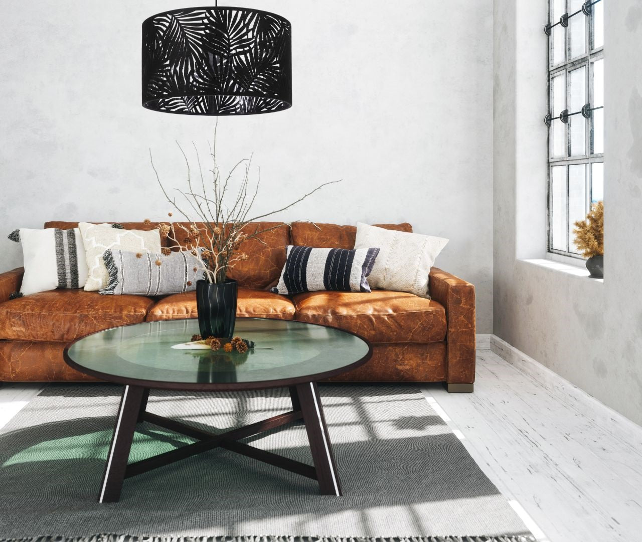 black fern ceiling light in living room, black pendant light in living room