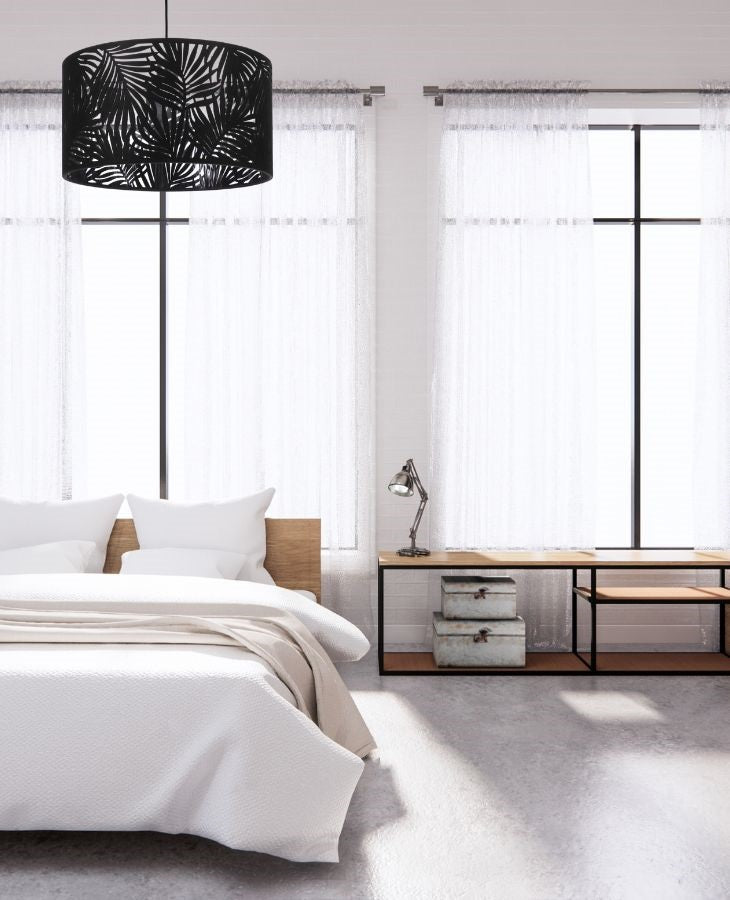 black fern ceiling light in bedroom, black pendant light in bedroom