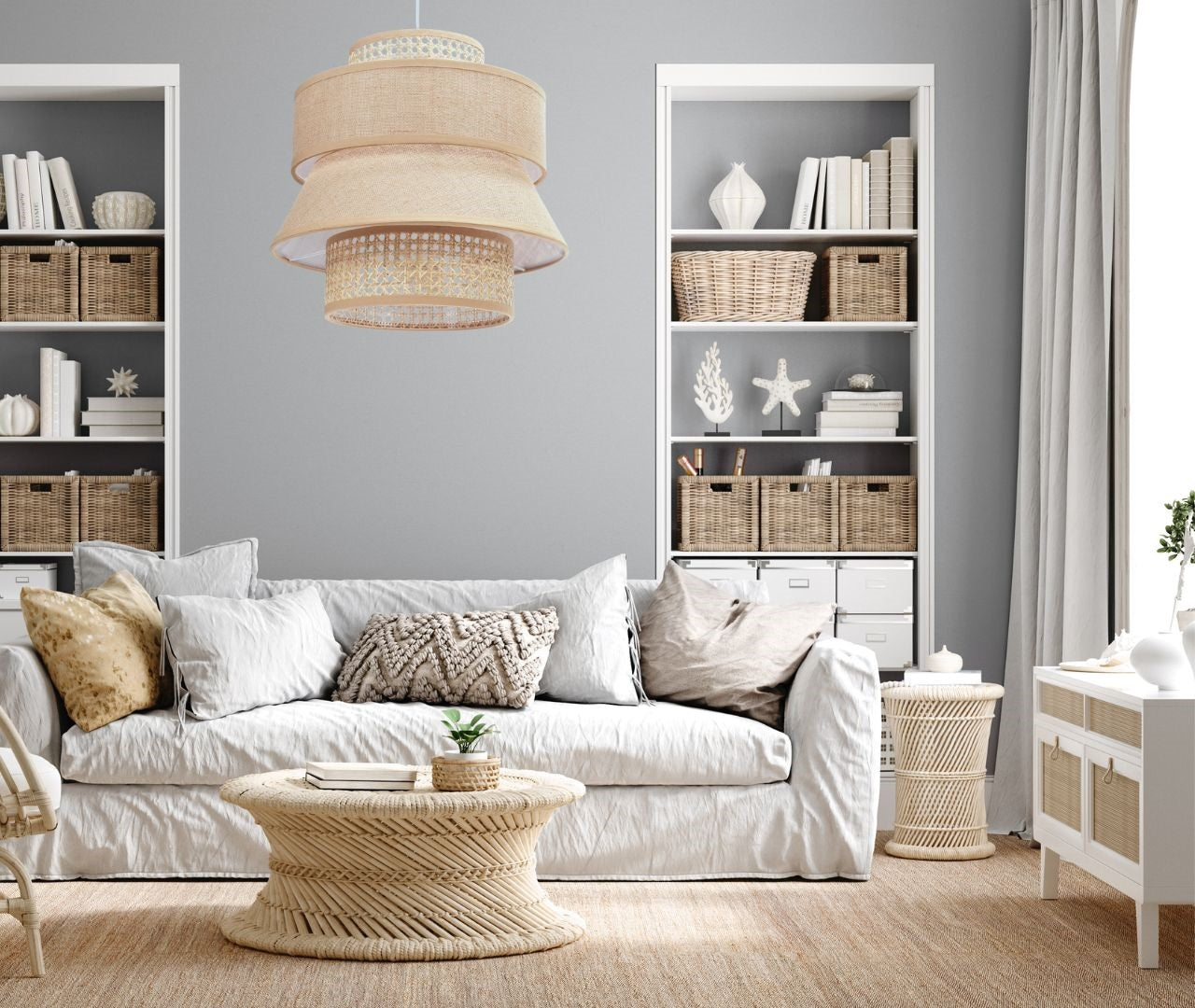 coastal living room with rattan light, cottage living room with rattan pendant light