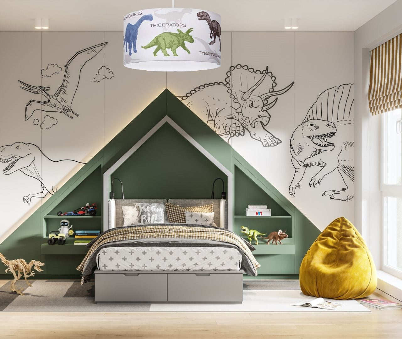 dinosaur light in kids bedroom, dinosaur ceiling light in children's room, dinosaur lamp, boys room with dinosaur lighting