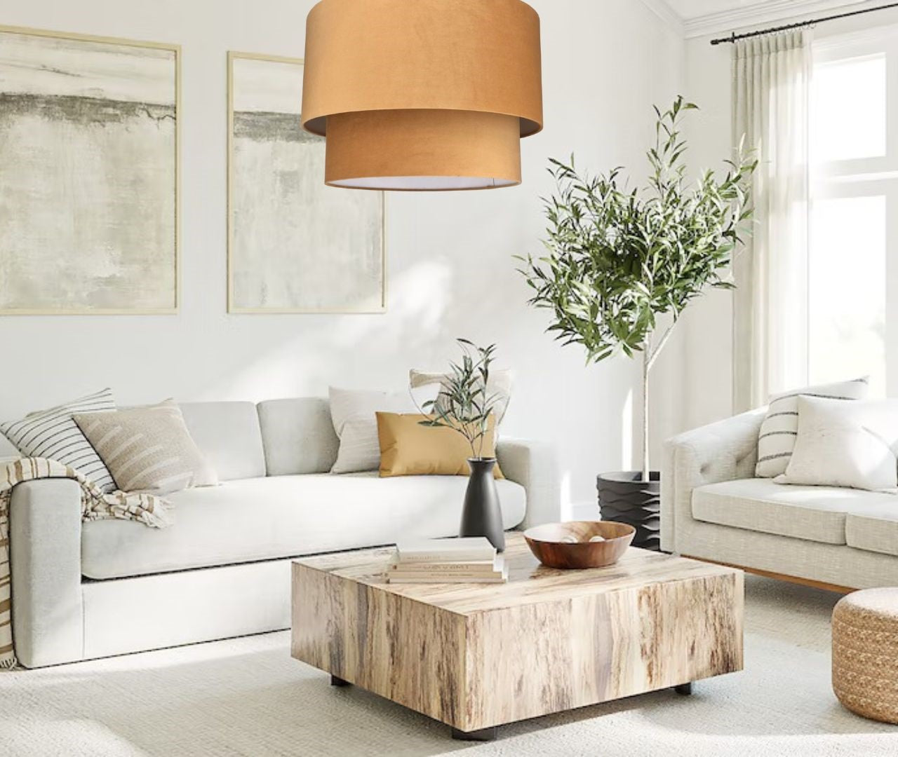 living room with velvet chandelier in fawn