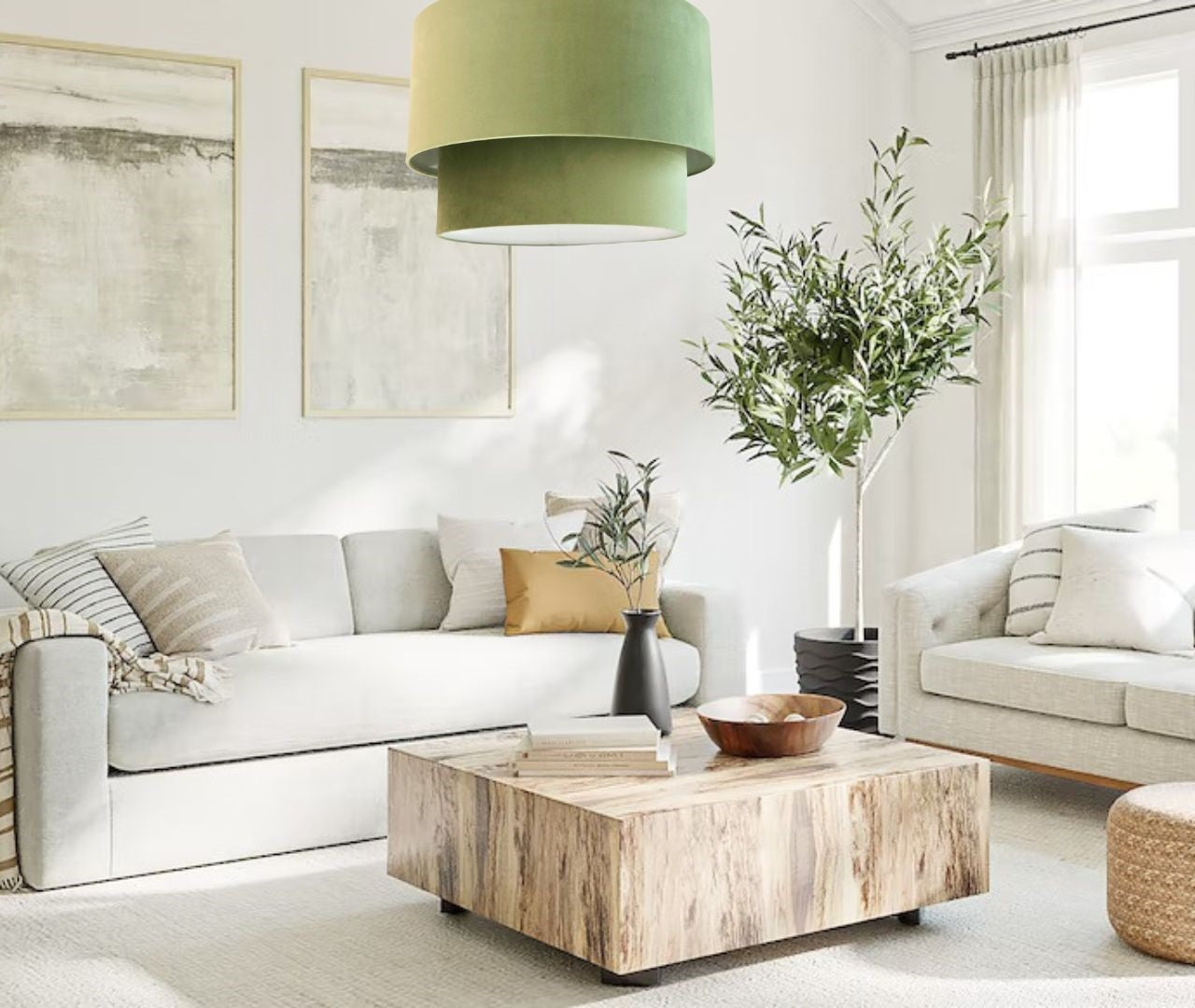 living room with green chandelier