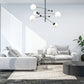 modern living room with molecule chandelier