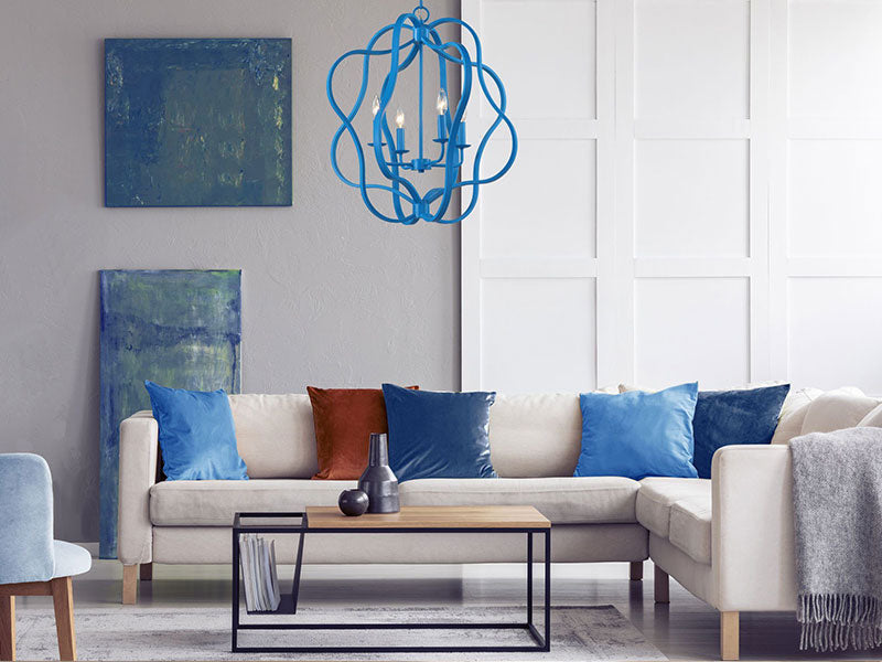 Modern living room with blue chandelier, blue geometric chandelier