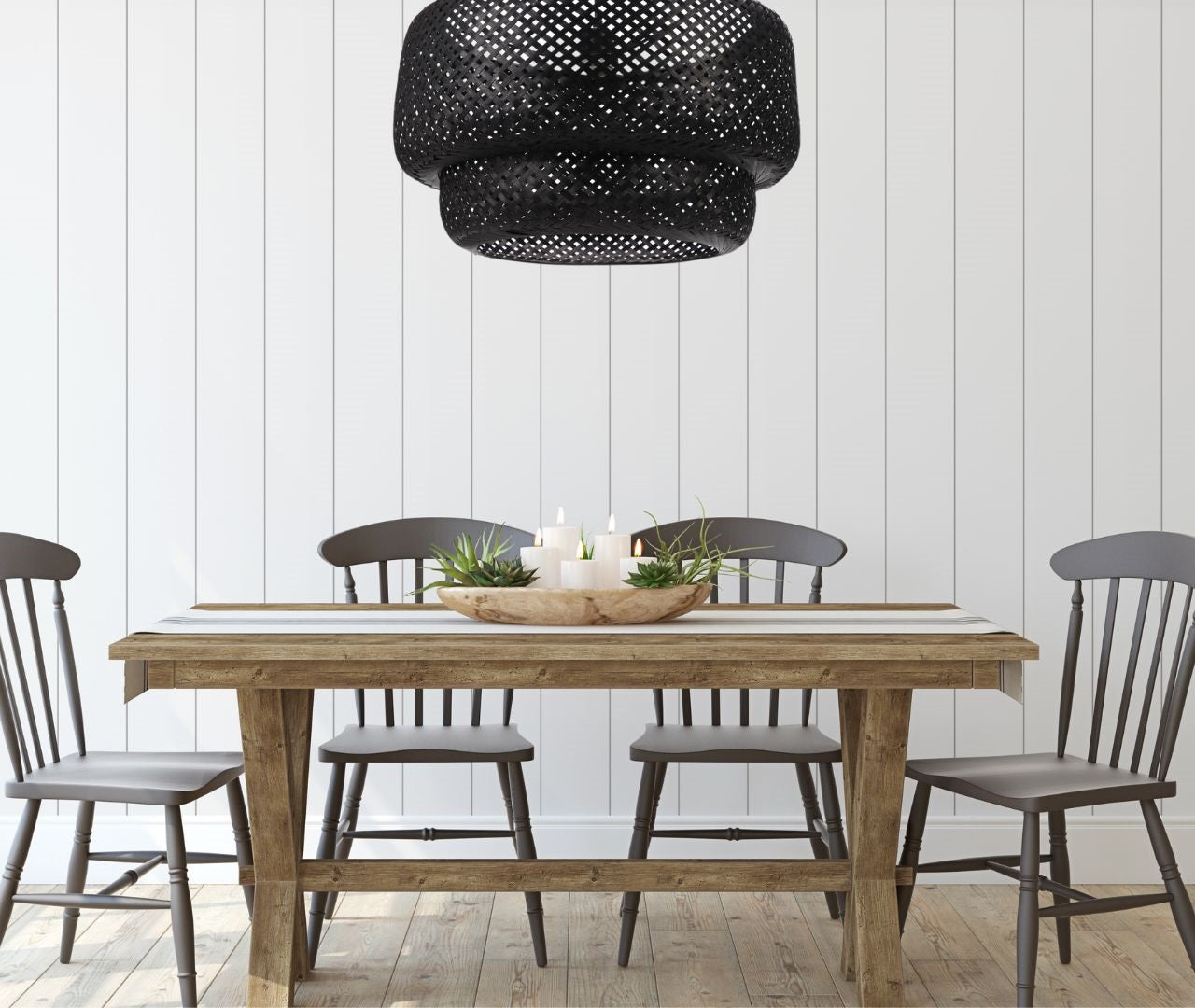 black rattan pendant light in dining room, black rattan light