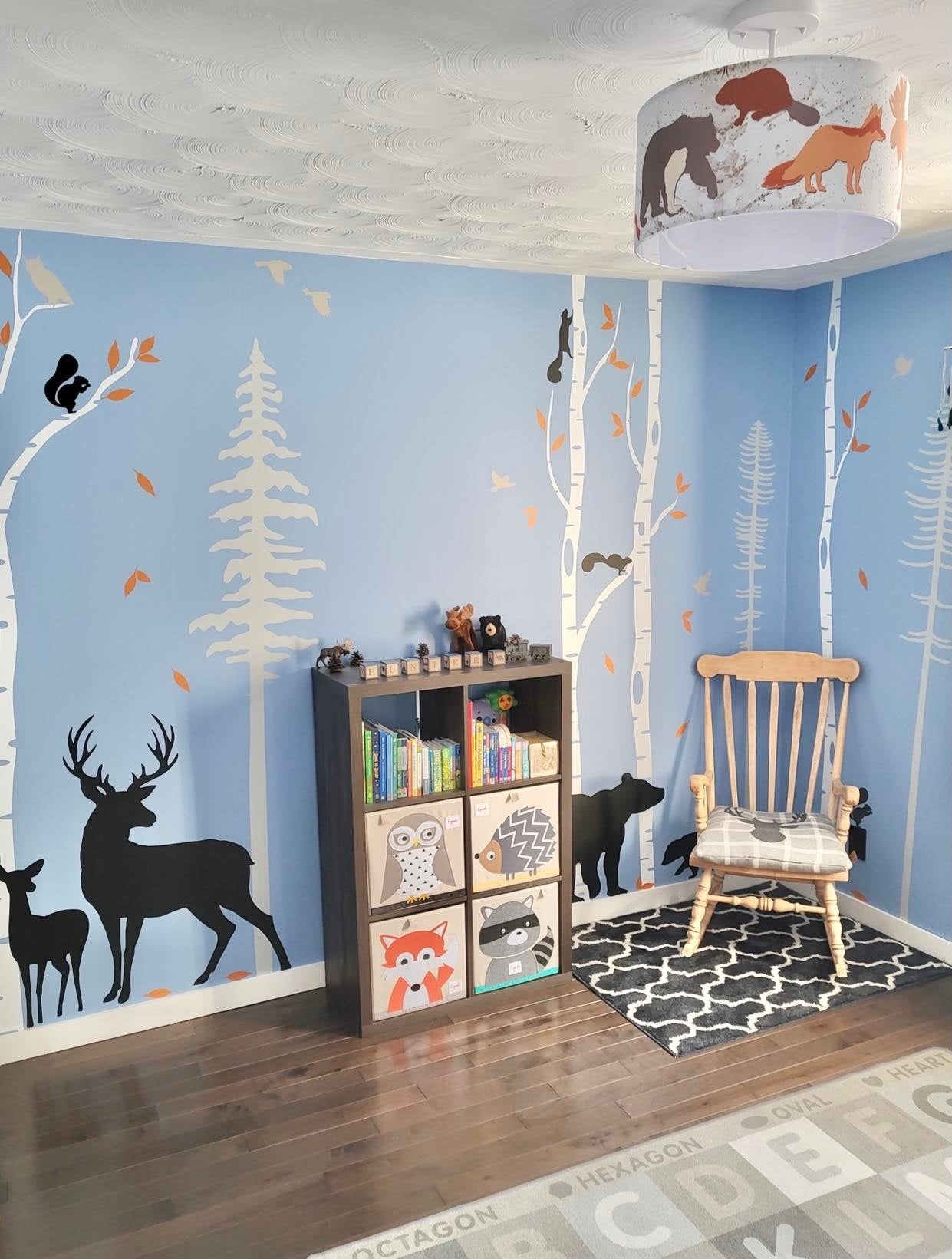 Woodland Birch Light Fixture in nursery room, woodland light in kids room