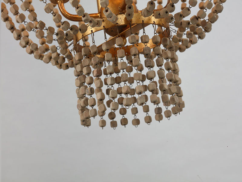 wooden beaded chandelier, gold & wood beads light