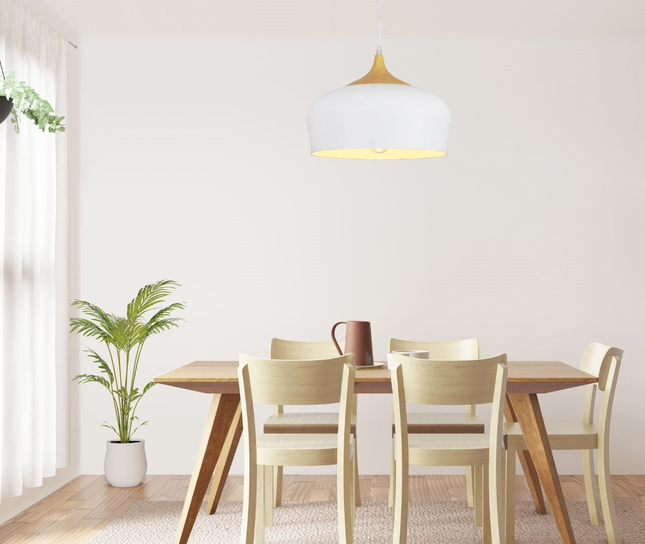 white pendent light, kitchen light, over table light, white & wood ceiling light, dining room light fixture,