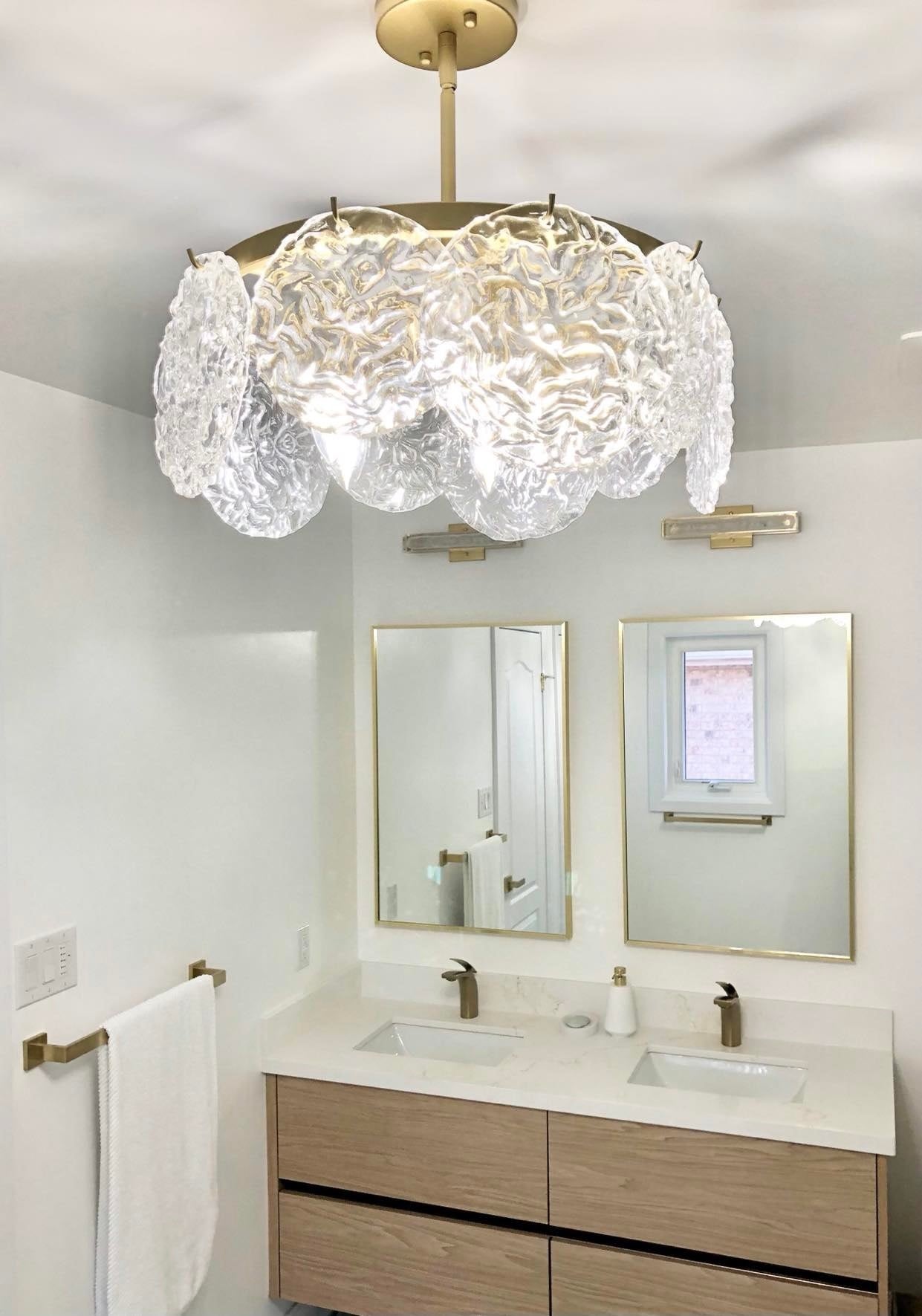 glass chandelier, gold chandelier, glass ceiling light, bathroom light fixure, trending light fixture, bathroom lighting