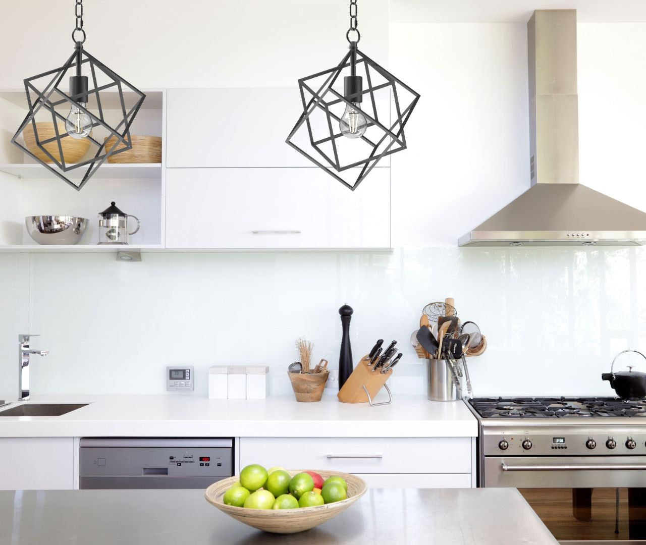 Kitchen island with black geometric pendant light, kitchen island lighting