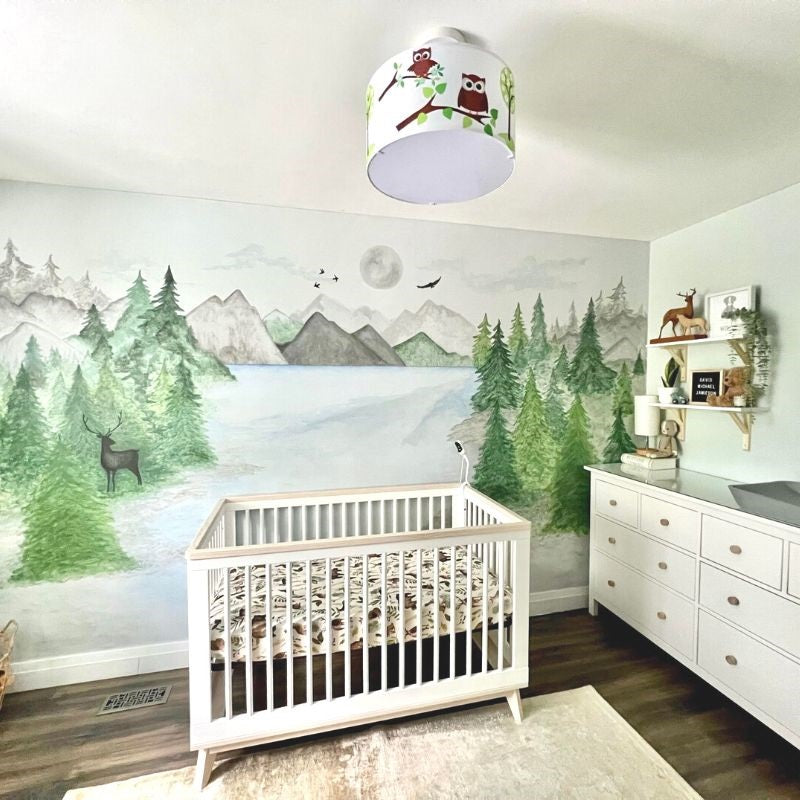 Owl ceiling light in nature inpired nursery room, nursery room