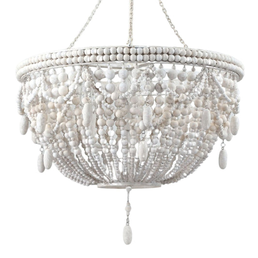 white washed bead chandelier, coastal chandelier, boho chandelier, organic chandelier, wood beads chandelier