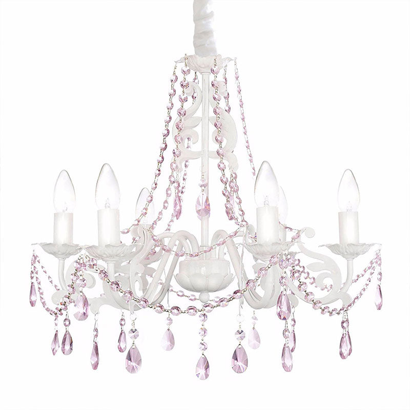 white & pink crystal chandelier, pink crystals light, white iron chandelier, pink rope crystals light, Chandeliers For Girl Bedrooms, nursery lighting, childrens lights