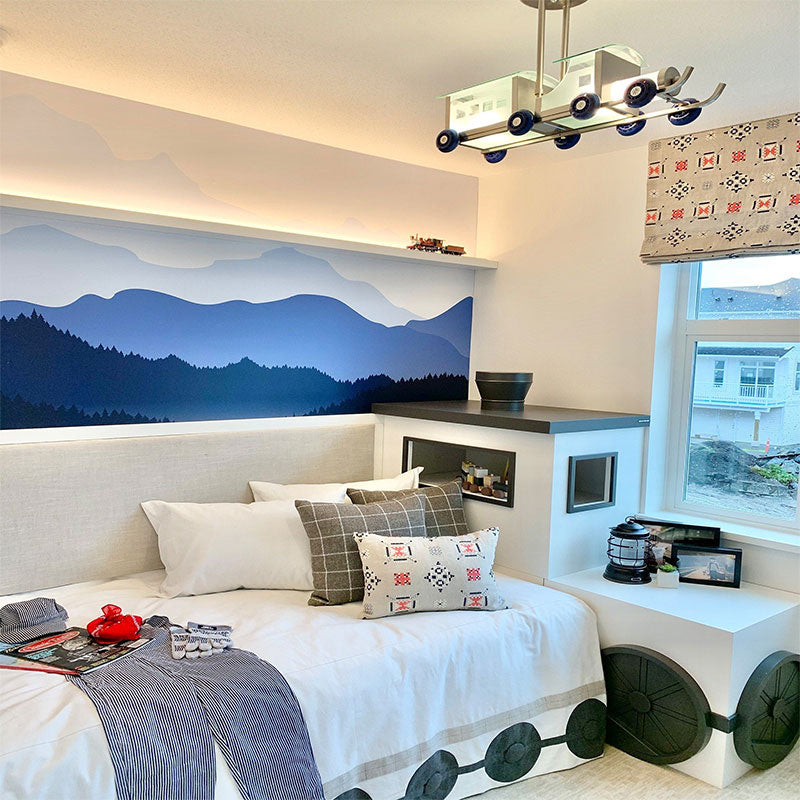Kids room with train light fixture, train theme kids room with train chandelier