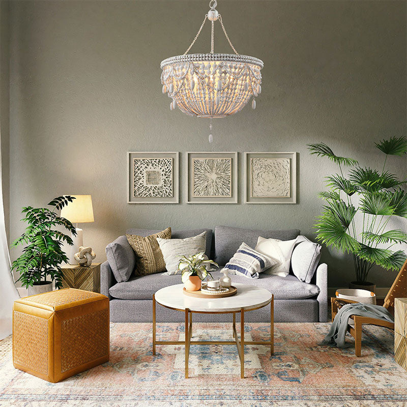 bohemian living room with chandelier, eclectic room with organic chandelier
