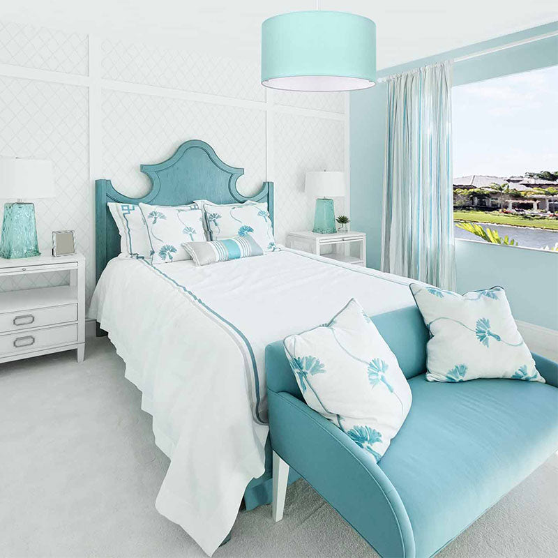bedroom with turquoise ceiling light, turquoise bedroom decor