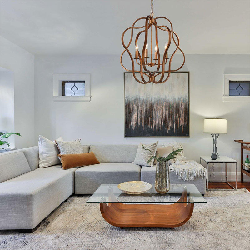 Modern living room with geometric chandelier, modern chandelier