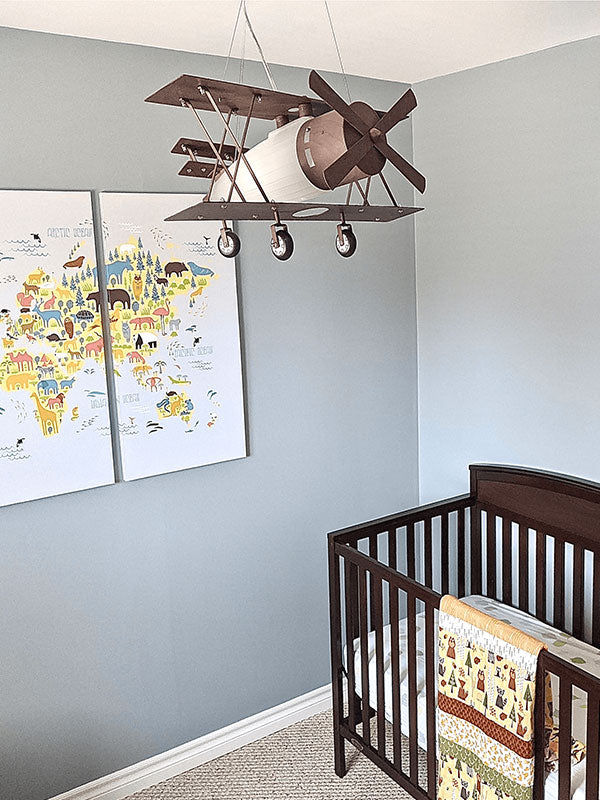 airplane light in nursery room, boys nursery lighting, airplane chandelier