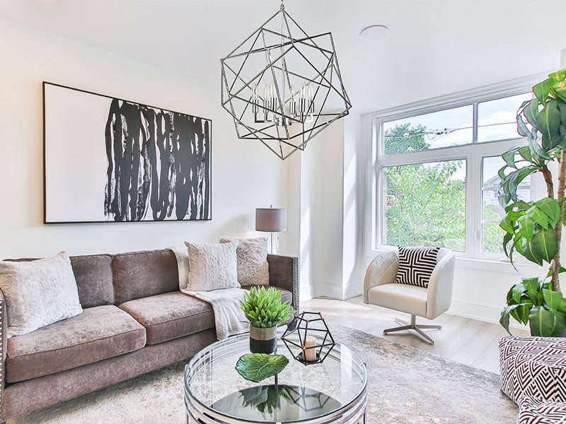 modern living room with chrome geometric chandelier, chrome chandelier