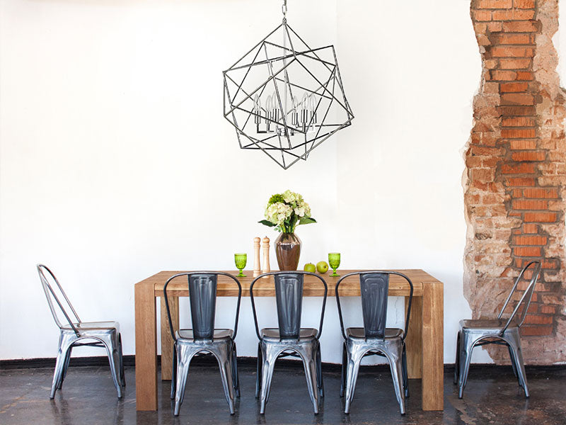 industrial dining room with chrome geometric chandelier, chrome chandelier