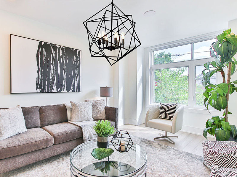 Modern living room with geometric chandelier, black chandelier, trending chandelier in black
