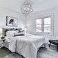 modern bedroom with chrome geometric chandelier, geometric chandelier