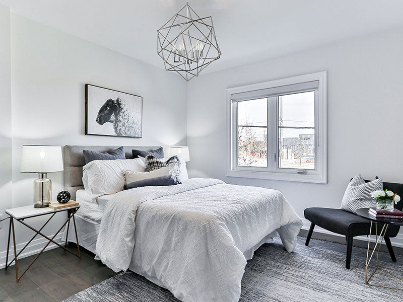 modern bedroom with chrome geometric chandelier, geometric chandelier