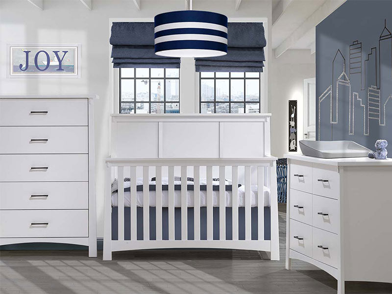 navy and white drum light in nursery room