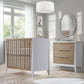 modern nursery with white ceiling light, white and wood nursery room with white light fixture